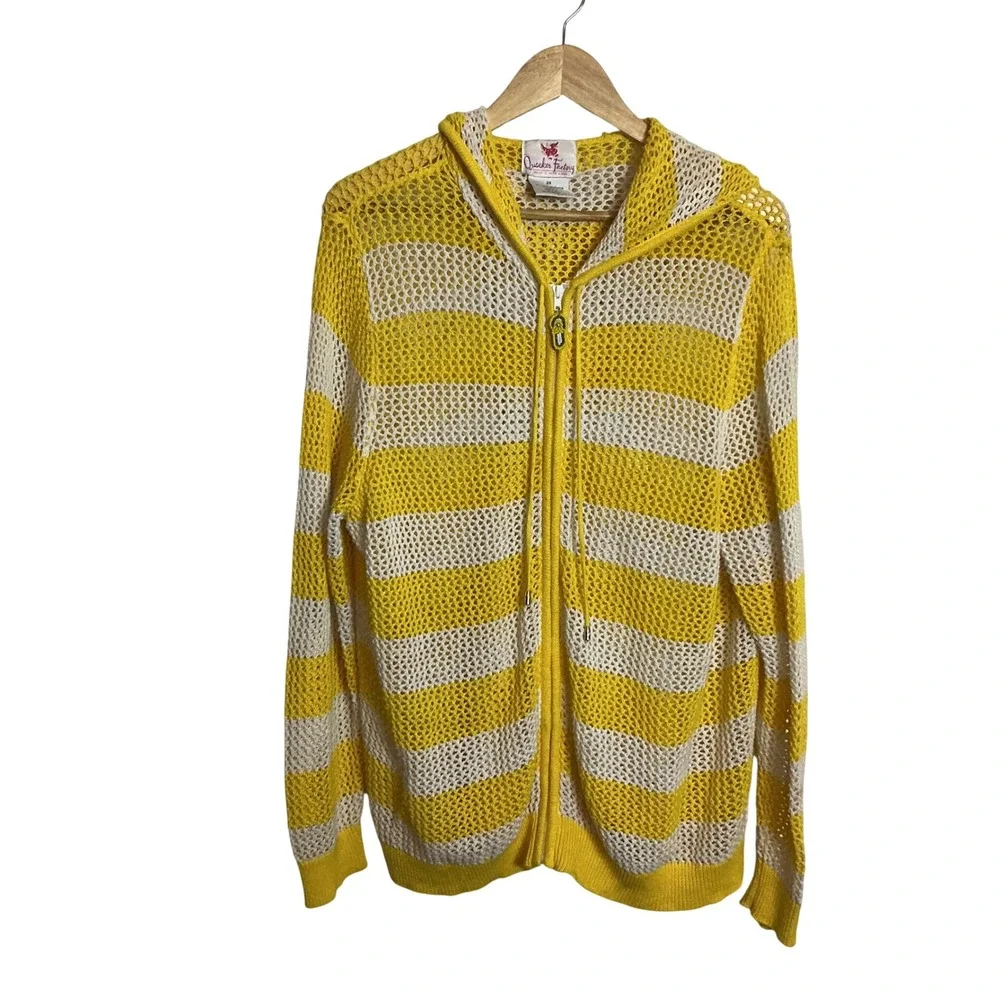 Quacker Factory Women's 2X Yellow White Mesh Hooded Fulll Zip Jacket Beachy